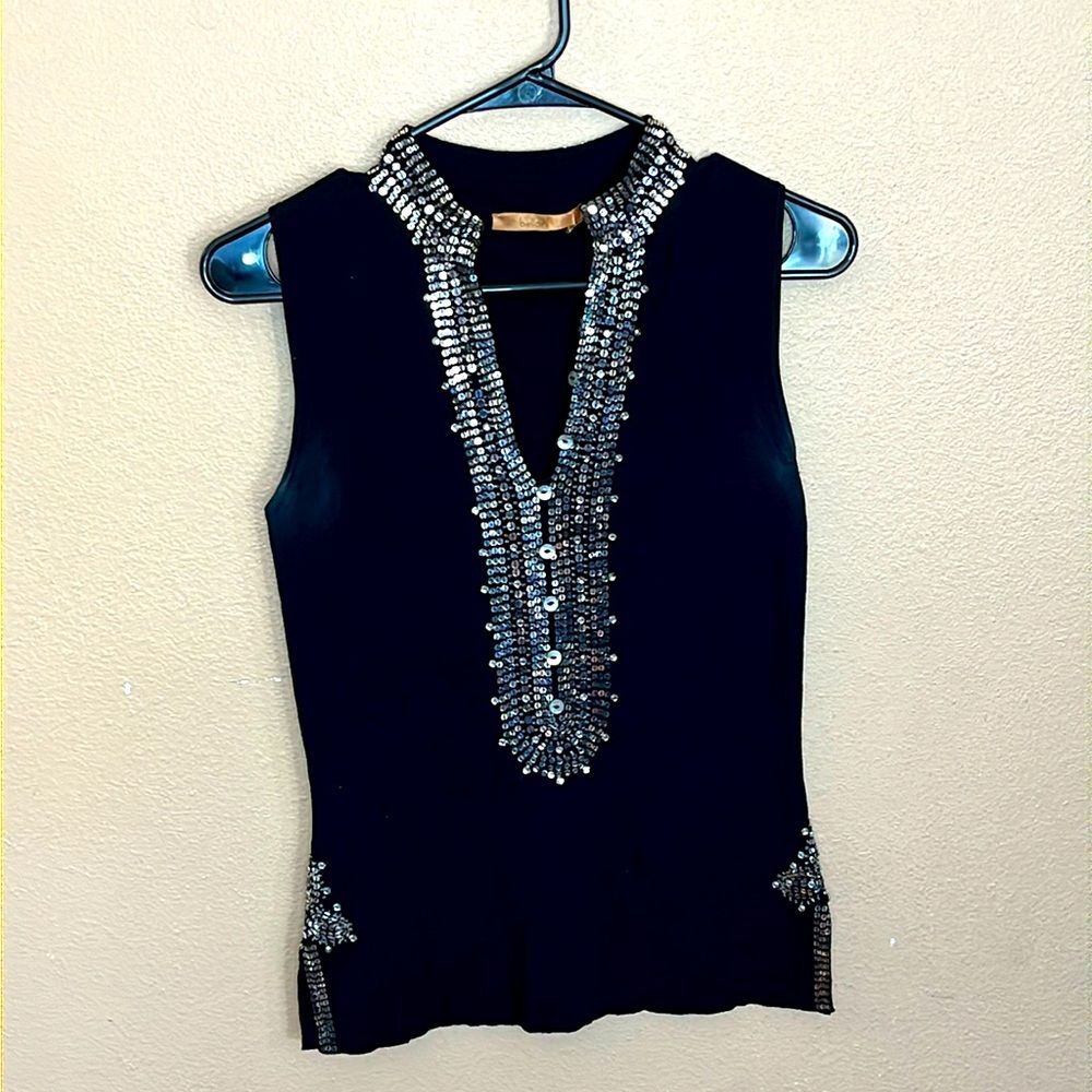 Vintage Y2K Belldini Black Embellished Soft Ribbed Deep V Neck Small